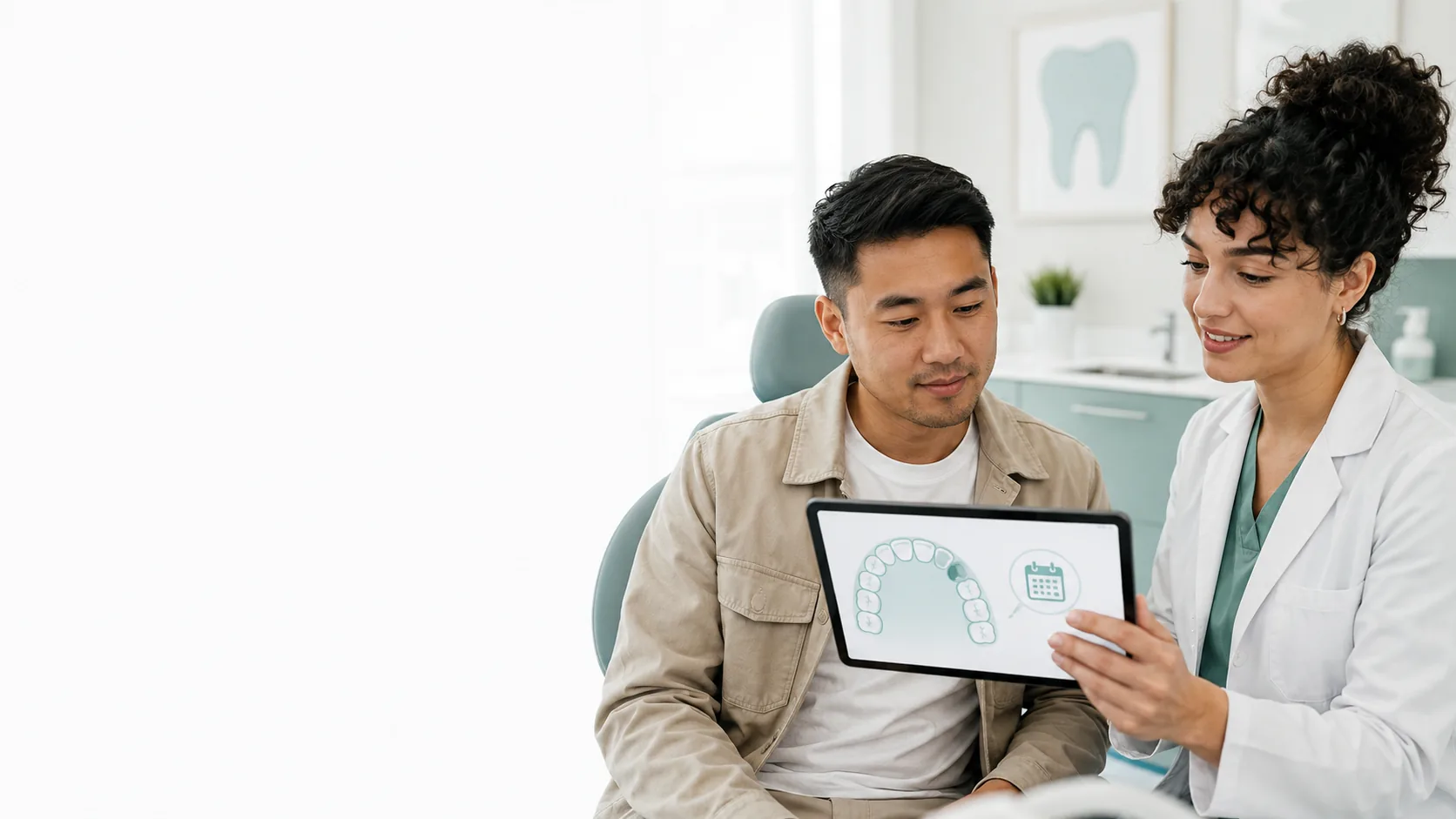 Patient reviewing dental insurance plan information about an existing missing tooth with a dental professional.