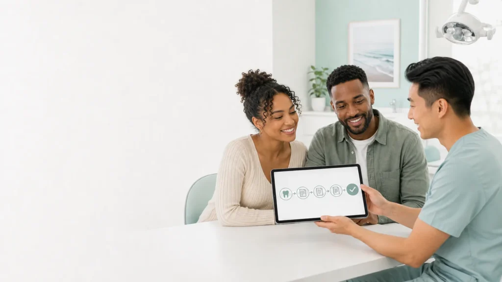 Dental professional explaining a dental claim coordination process on a tablet to two adults during a consultation.