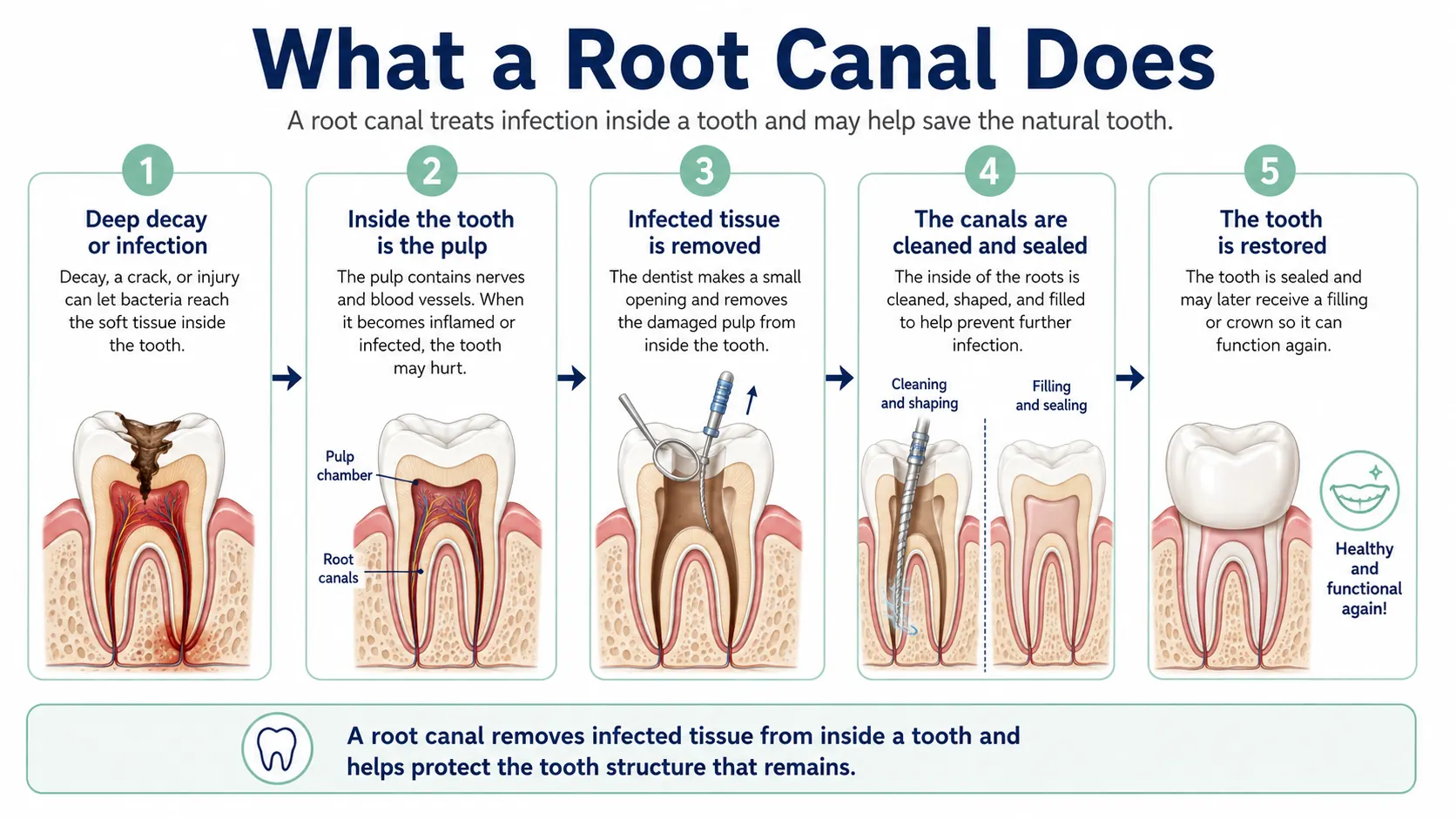 Five-step infographic showing deep tooth decay, infected pulp, removal of infected tissue, cleaning and sealing of the root canals, and restoration of the tooth.