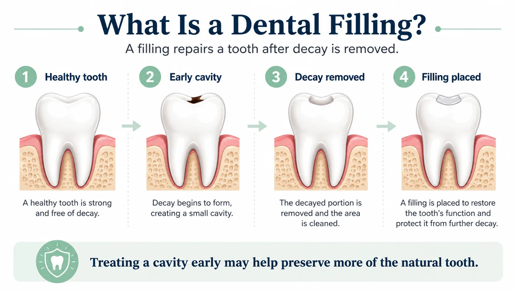 Four-step infographic showing a healthy tooth, an early cavity, decay removal, and a tooth restored with a dental filling.