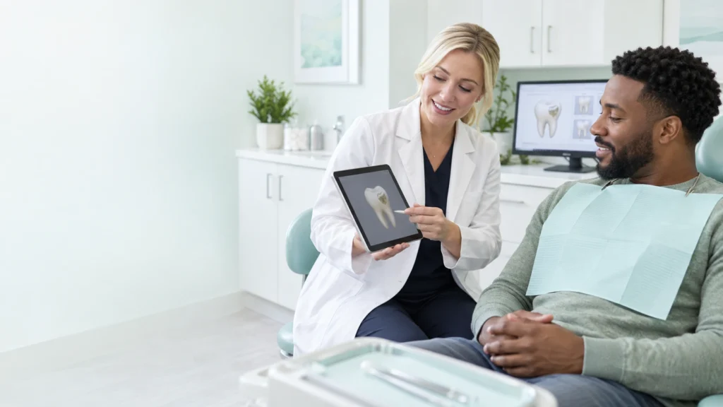 Dentist reviewing filling treatment options and insurance planning with an adult patient.