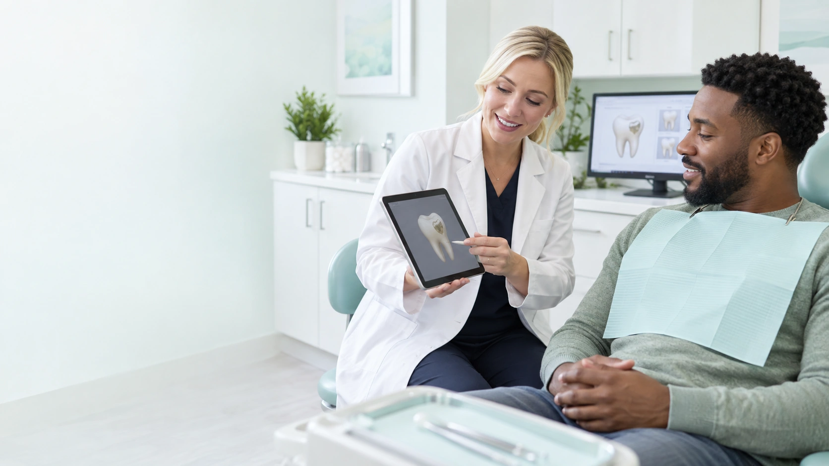 Dentist reviewing filling treatment options and insurance planning with an adult patient.
