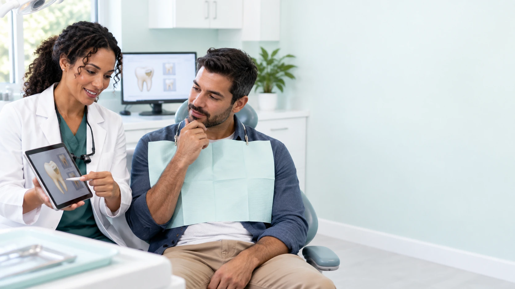 Dentist reviewing filling treatment options and insurance planning with an adult patient.