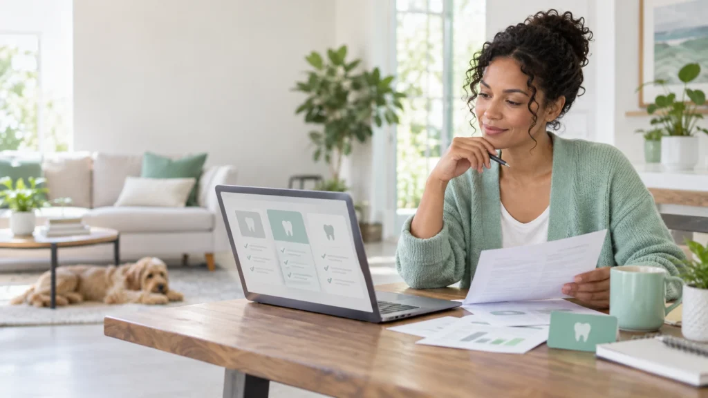Adult reviewing dental insurance and COBRA coverage options after losing employer benefits.