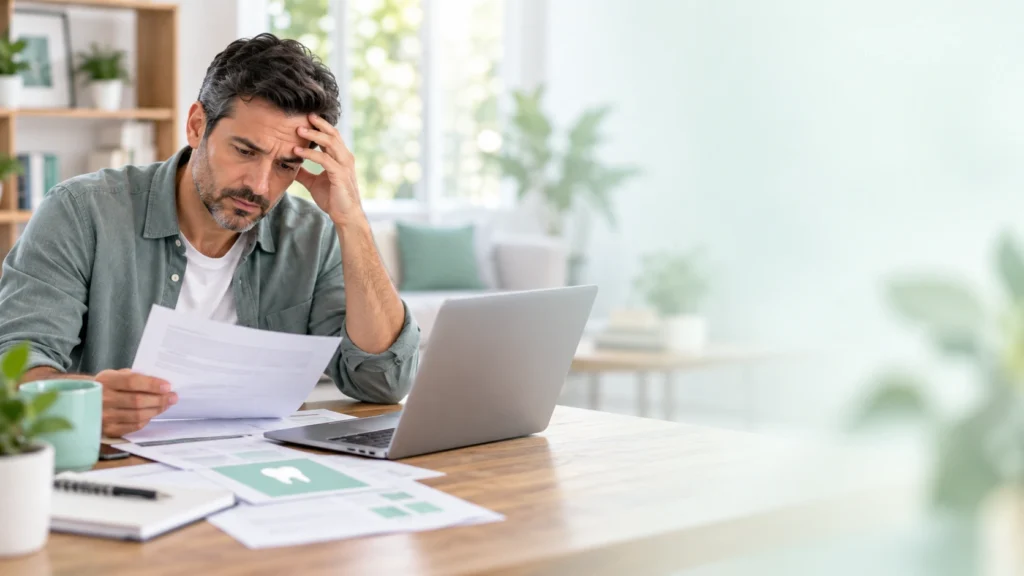 Adult reviewing dental insurance and COBRA coverage options after losing employer benefits.