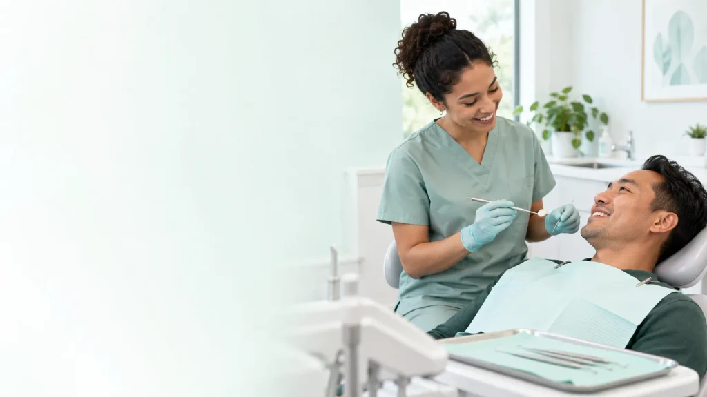 Dental hygienist preparing an adult patient for a routine professional dental cleaning.