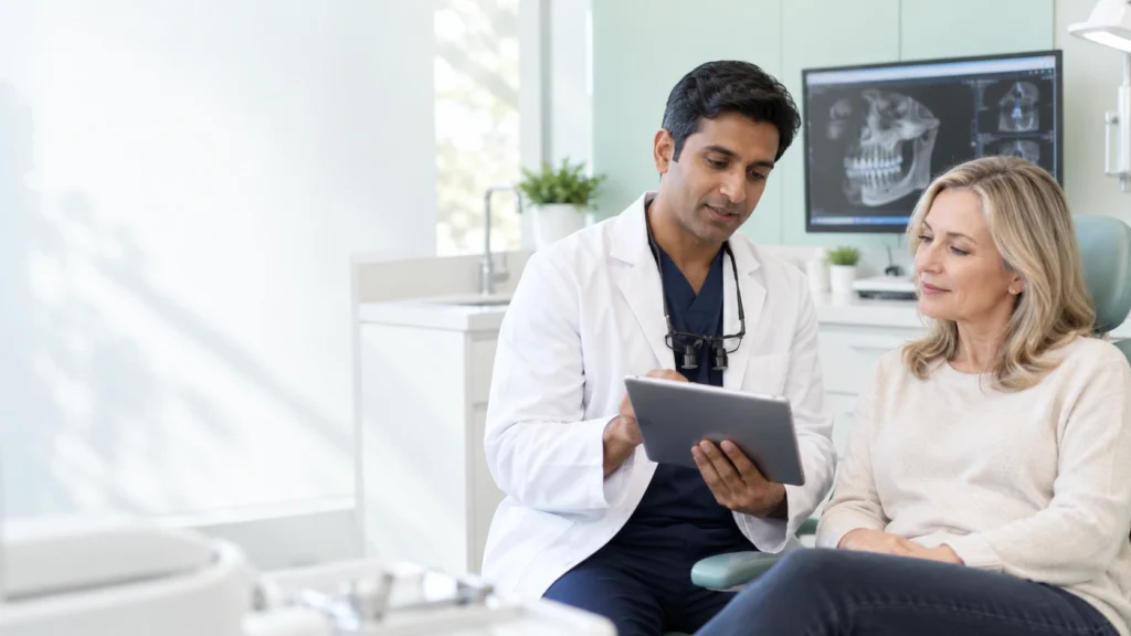 Dental professional reviewing a bone graft treatment plan with an adult patient.