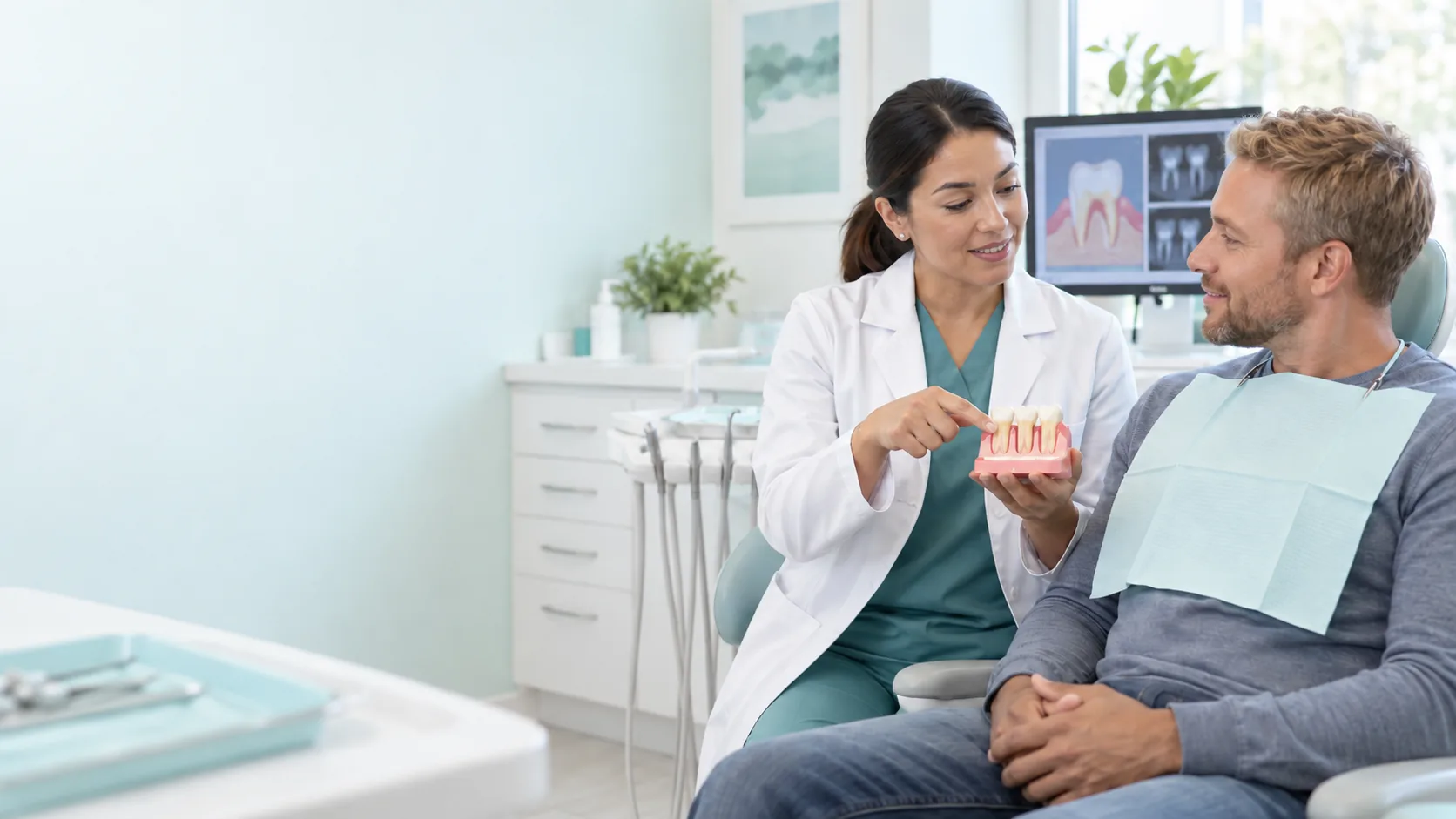 Dental professional reviewing scaling and root planing treatment with an adult patient.