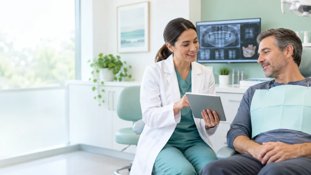 Dental professional discussing anesthesia or sedation planning with an adult patient.