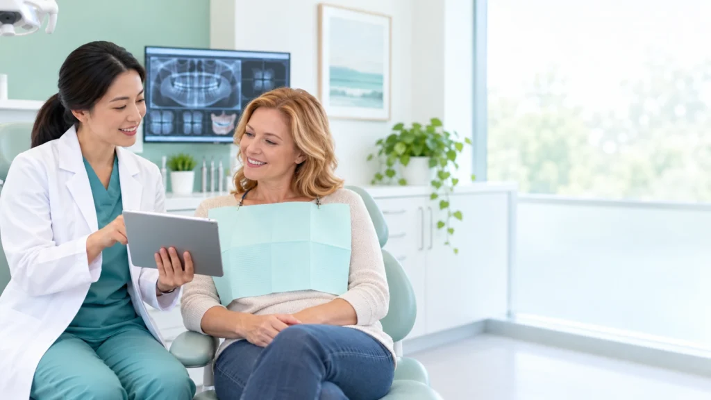 Dental professional discussing anesthesia or sedation planning with an adult patient.