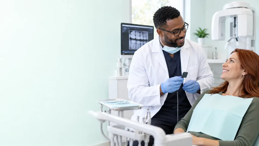 Dental professional preparing an adult patient for diagnostic dental X-rays.