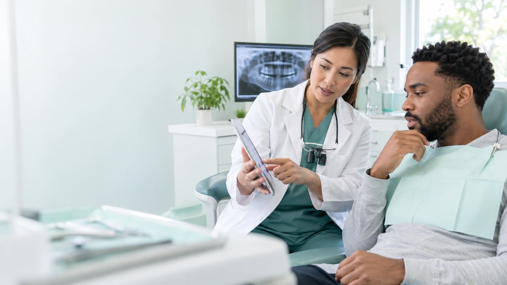 Dental professional reviewing an urgent dental problem with an adult patient before treatment.