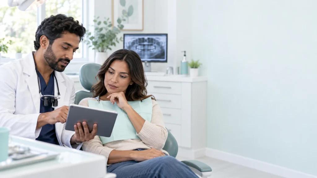 Dental professional reviewing an urgent dental problem with an adult patient before treatment.