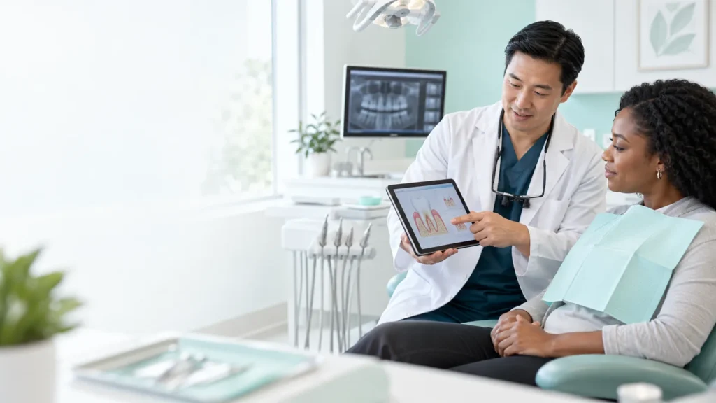 Dental professional reviewing periodontal treatment options with an adult patient.