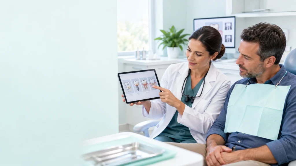 Dentist reviewing a multi-procedure dental treatment plan and insurance considerations with an adult patient.