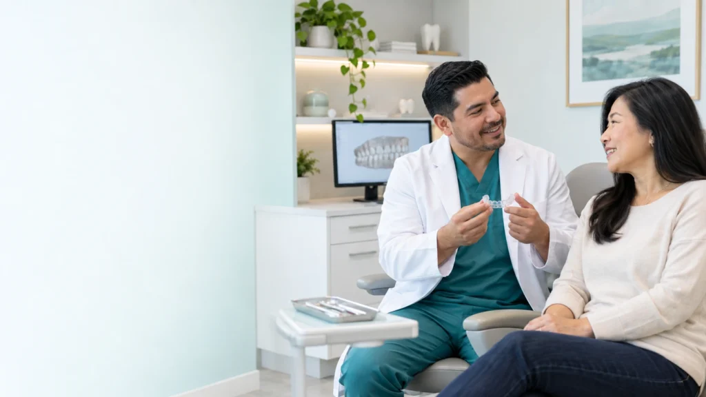 Dentist reviewing a custom night guard with an adult patient before treatment.
