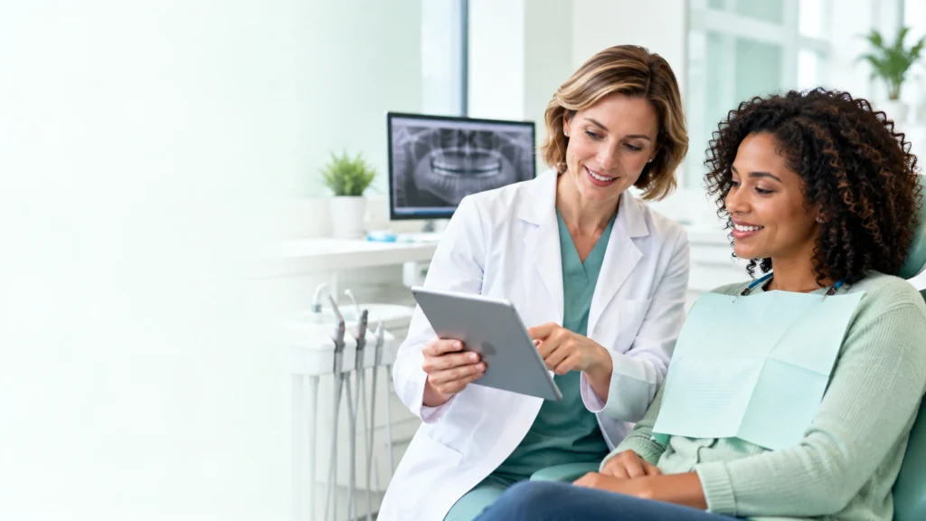 Oral surgery professional reviewing a dental treatment plan with an adult patient.