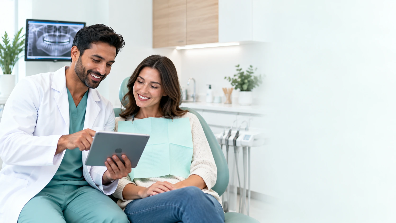 Oral surgery professional reviewing a dental treatment plan with an adult patient.