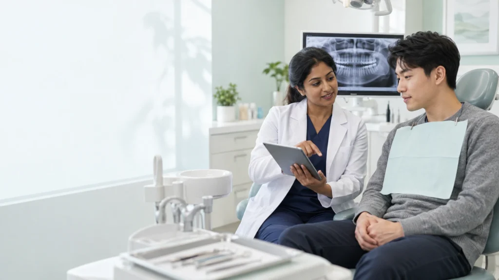 Dental professional reviewing wisdom teeth treatment with an adult patient.