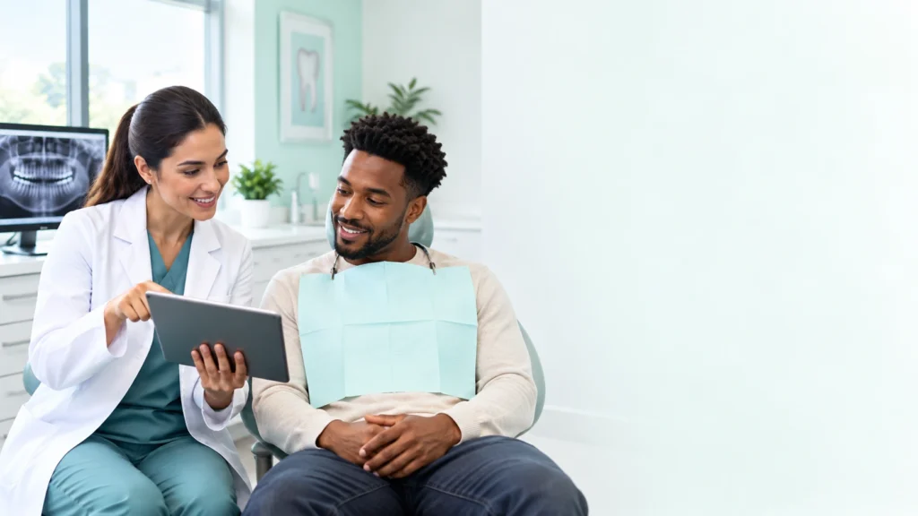 Dental professional reviewing wisdom teeth treatment with an adult patient.
