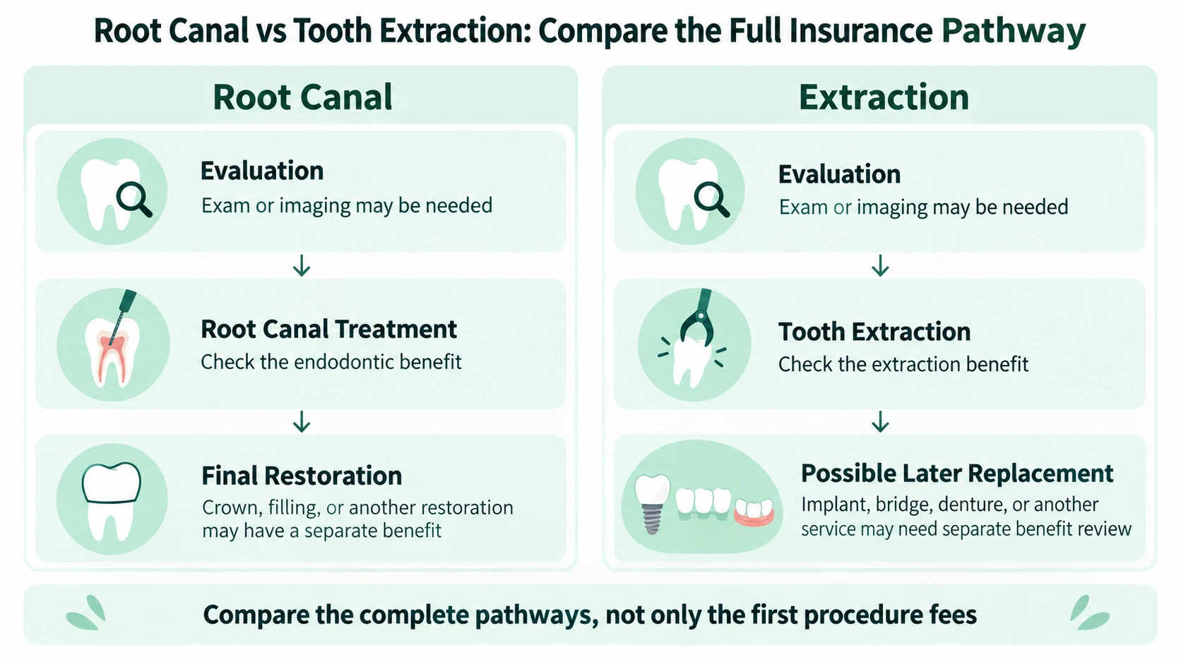 Infographic comparing the dental insurance pathway for root canal treatment and tooth extraction, including possible restoration and tooth replacement.