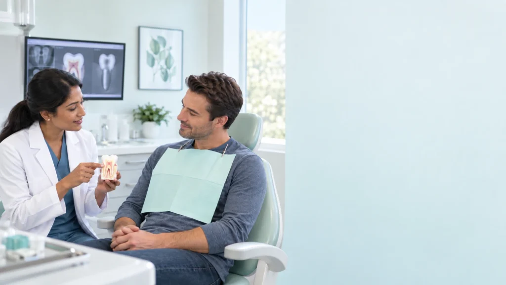 Dentist reviewing root canal and tooth extraction treatment pathways with an adult patient.