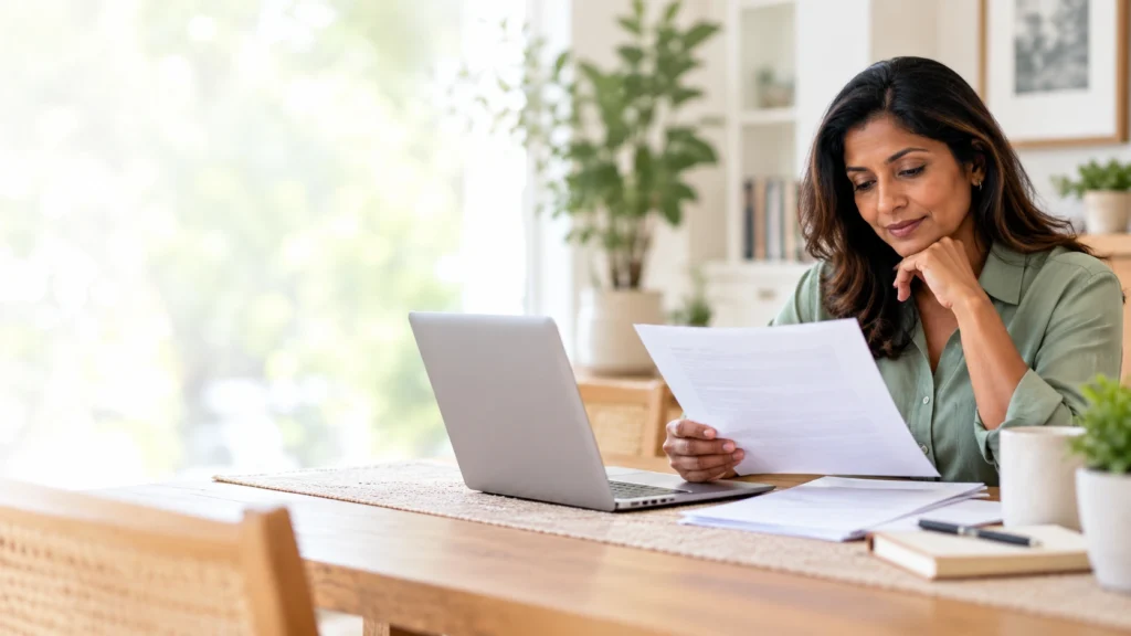 Woman reviewing dental coverage documents beside a laptop while planning her next insurance arrangement.