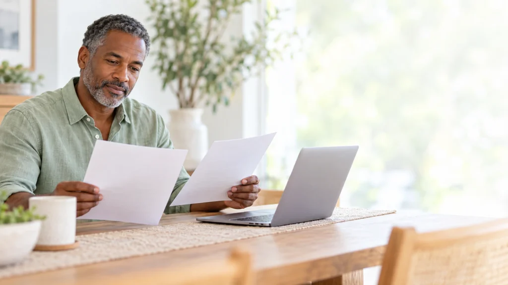 Adult reviewing dental coverage documents and replacement options after COBRA dental coverage ends.