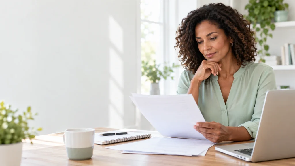 Woman reviewing divorce and dental coverage documents while planning replacement insurance.