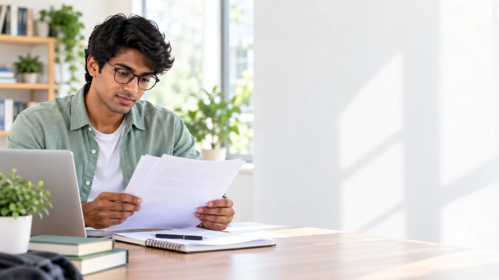 College student reviewing dental coverage documents beside a laptop in a bright study space.