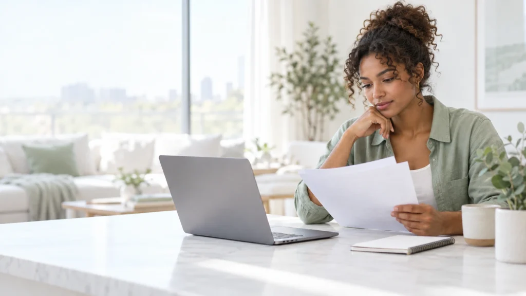 Young adult reviewing dental coverage documents beside a laptop at home.