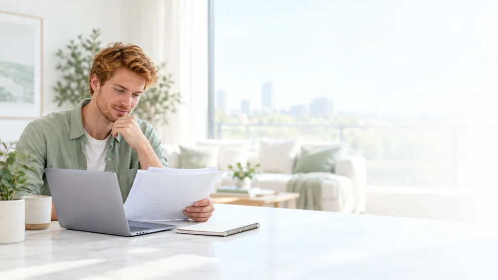 Young adult reviewing dental coverage documents beside a laptop at home.