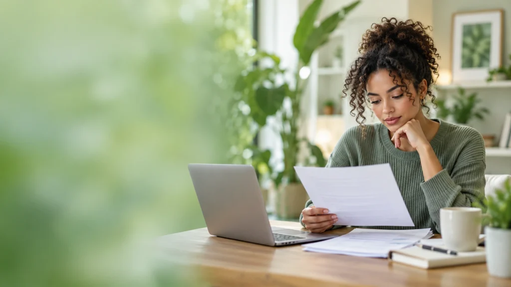 Woman reviewing employer dental benefit documents beside a laptop before changing coverage.
