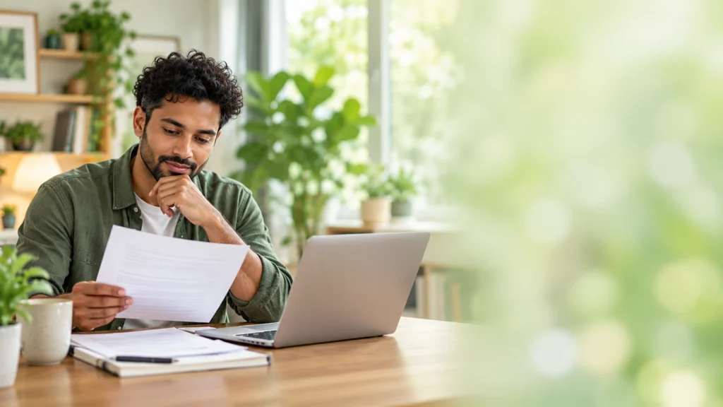 Man reviewing employer dental benefit documents before changing dental coverage.