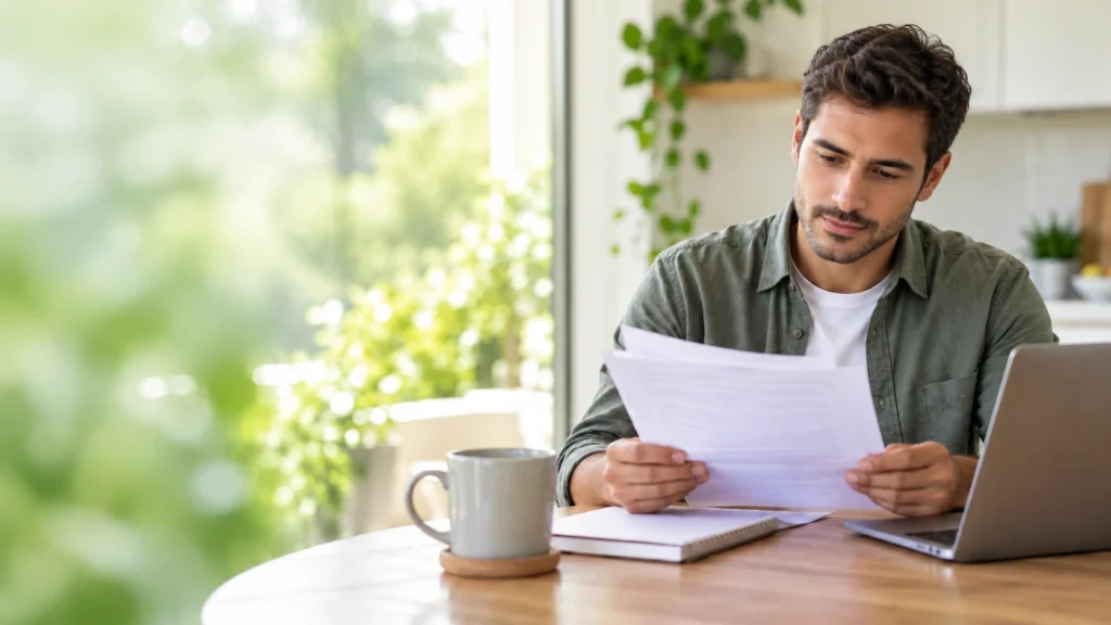 Young adult reviewing dental coverage documents before parent dental coverage ends.