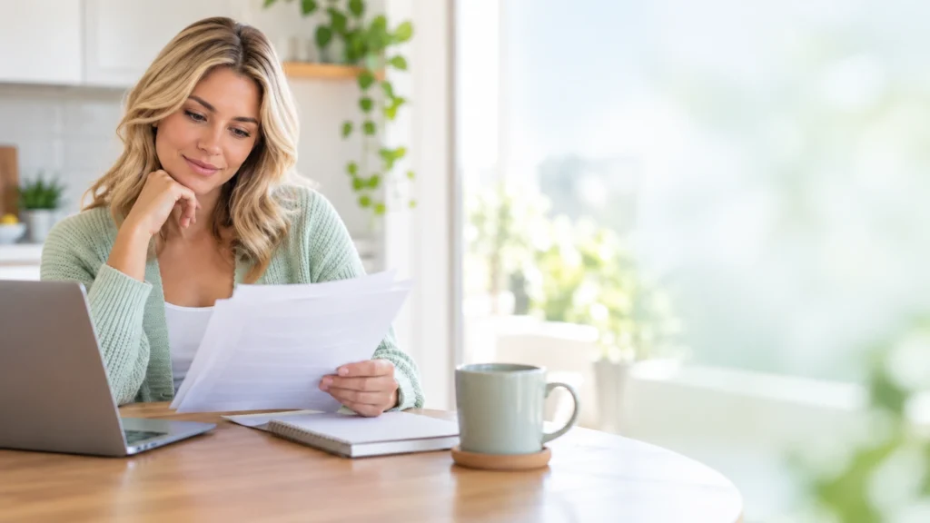 Young woman reviewing dental coverage documents beside a laptop before leaving a parent’s plan.